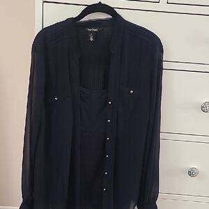 Navy Blue Sheer Blouse With Matching Plain Camisol Tank Top